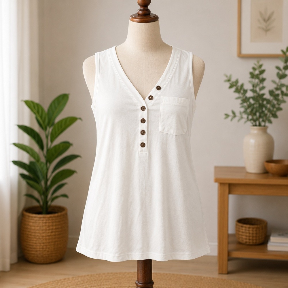 NWT Cupshe Henley Tank Top Womens Medium White V-Neck Button Pocket Sleeveless